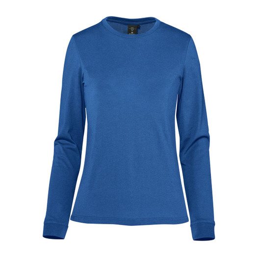 A women's long-sleeve tee in solid blue, featuring a rounded neckline and a logo.