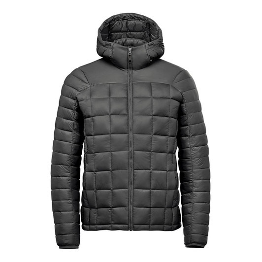 A black puffer jacket with a hood, featuring a quilted pattern and a full zip closure. It has a logo on it.