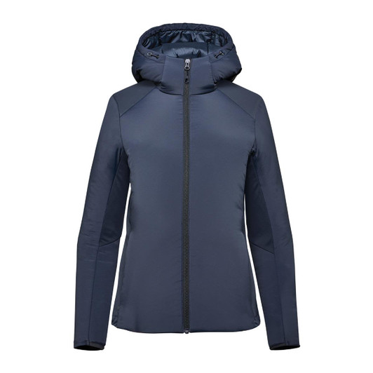 A women's puffer jacket in navy blue with a hood and front zip closure. It features a sleek design and has a logo.
