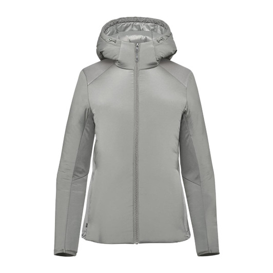 A grey Women's Cascadia Thermal Jacket with a hood and zipper, featuring a logo on the chest.