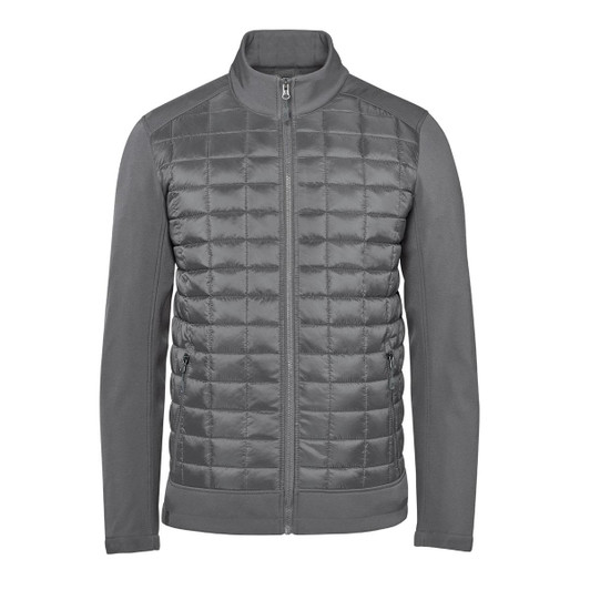 A grey men's thermal softshell jacket featuring a quilted front and smooth sleeves, with a zip closure and a collar.
