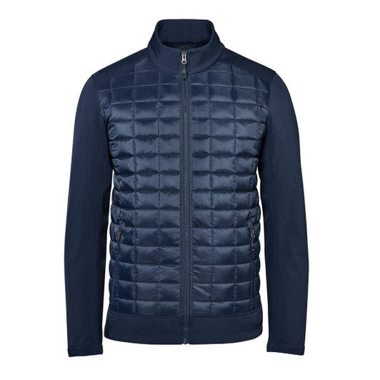 A navy blue men's softshell jacket featuring a quilted front and a zippered closure. It has a logo on it.