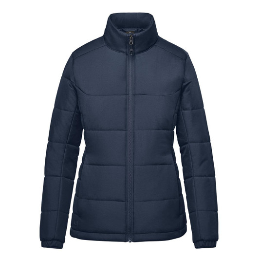 A navy blue women's thermal puffer jacket with a zip front and a high collar, featuring a logo.