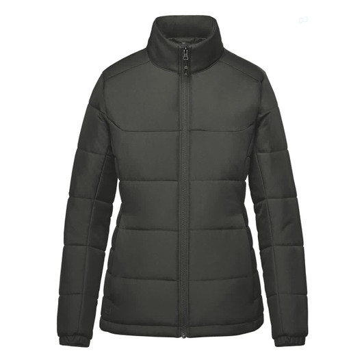 A women's thermal jacket in dark green with a zip front and a high collar, featuring a puffer design and branding.