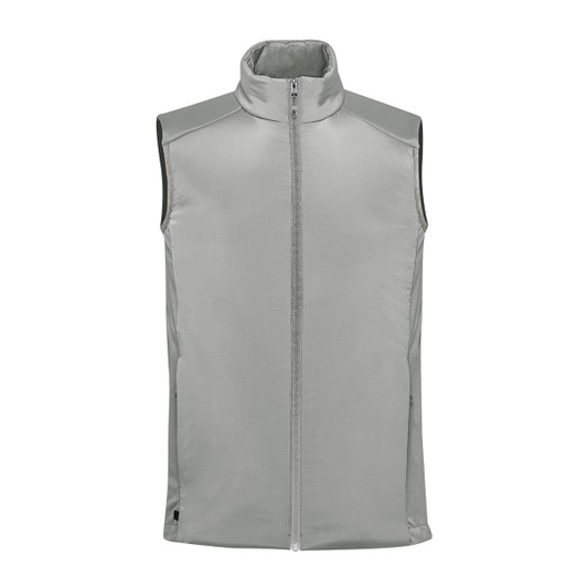 A grey men's thermal vest with a high collar and front zipper. It features a branding logo on the design.
