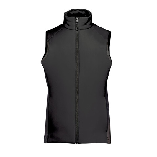 A black women's thermal vest featuring a high collar and a front zipper, with subtle branding.
