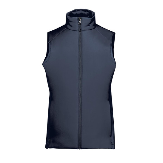 A women's thermal vest in navy blue with a high collar and full zip, featuring a logo.