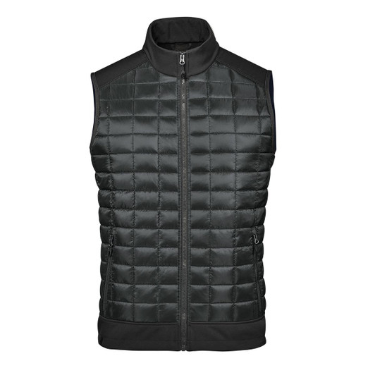 A black thermal softshell vest featuring a quilted design and a full front zip, with a sleek collar and pockets.