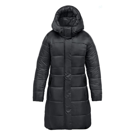 A women's black puffer jacket with a hood, featuring a quilted design and a mid-length cut.
