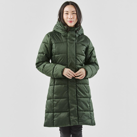 A green puffer jacket with a hood, featuring a long, quilted design and front pockets.