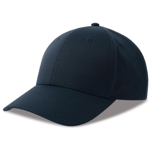 A navy cap made from recycled polyester, featuring a curved brim and an adjustable strap at the back.