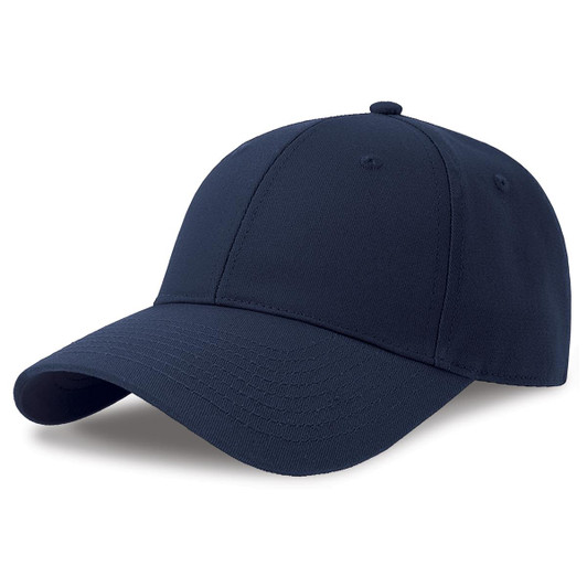 A navy blue cap with a rounded crown and a pre-curved visor. It features a logo on the front.