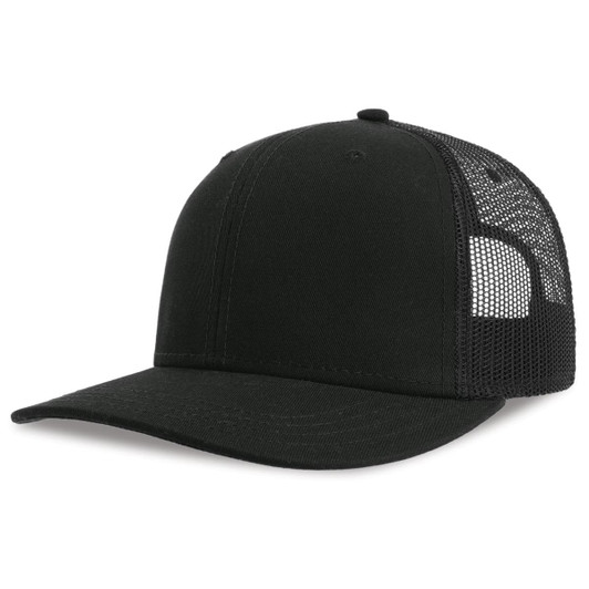 A black trucker cap with a solid front and mesh back, featuring a logo on the side.