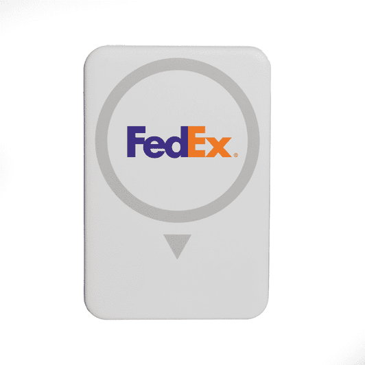 A wireless charging power bank in white with a circular design and a logo.