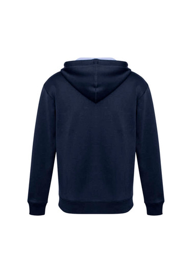 A navy blue hoodie with a hood and long sleeves, featuring a logo on the back.