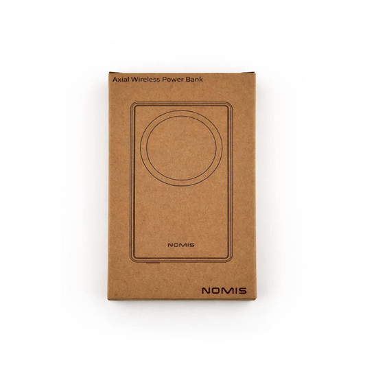 A brown cardboard box containing the Axial by Nomis Solid State Power Bank with a circular design. The box features a logo.