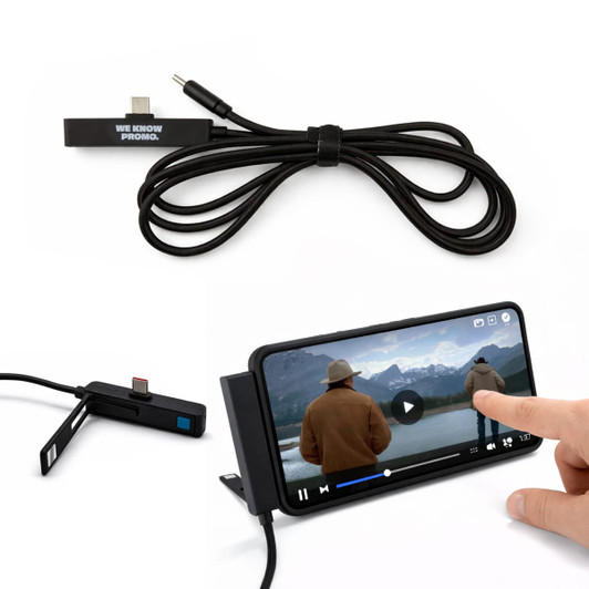 A black charging cable with a connector, shown alongside a smartphone playing a video. It also has a logo.