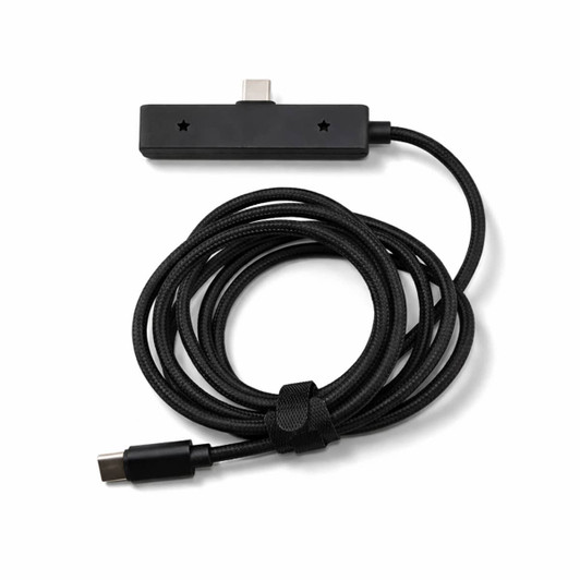 A black charging cable with a braided design and a USB-C connector. It features a branding logo on the connector.