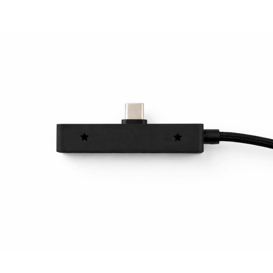 A black charging cable with a USB-C connector and a textured surface, featuring an understated design.