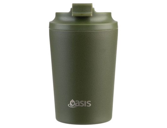 A green insulated coffee cup with a ceramic lining and a lid. It features a logo on the front.