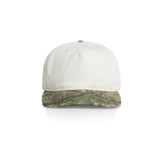 A two-tone cap featuring a white front and a camo-patterned peak, complete with a logo.