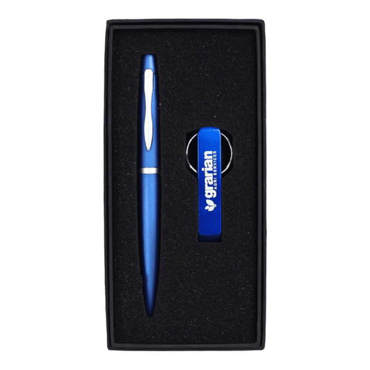 A blue pen and blue bottle opener keyring set presented in a sleek black gift box with a logo.