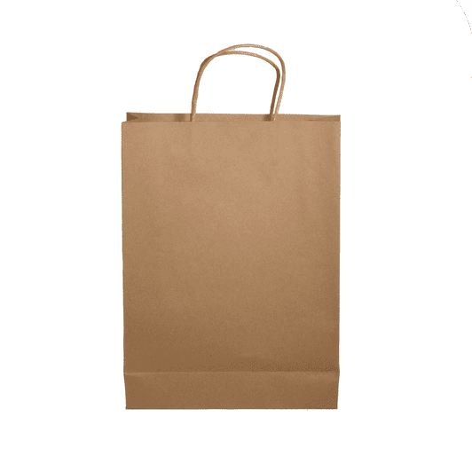 A brown paper show bag with a flat base and two handles. It features a simple design and no visible logos.