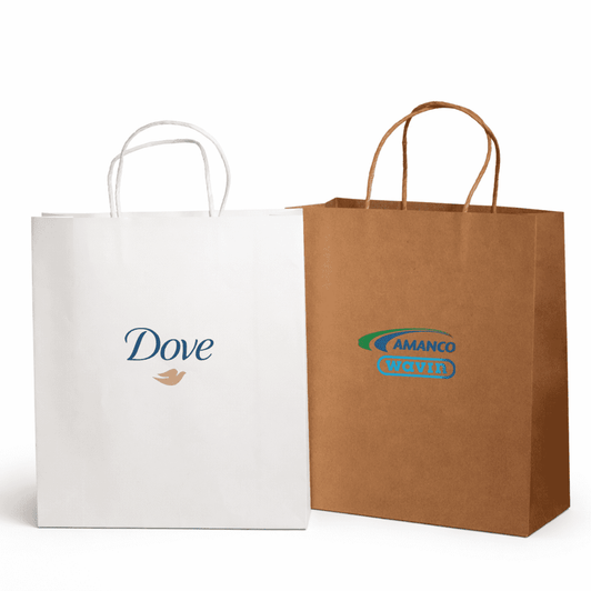 Two paper shopping bags, one white with a logo and the other brown with a logo, featuring sturdy handles.