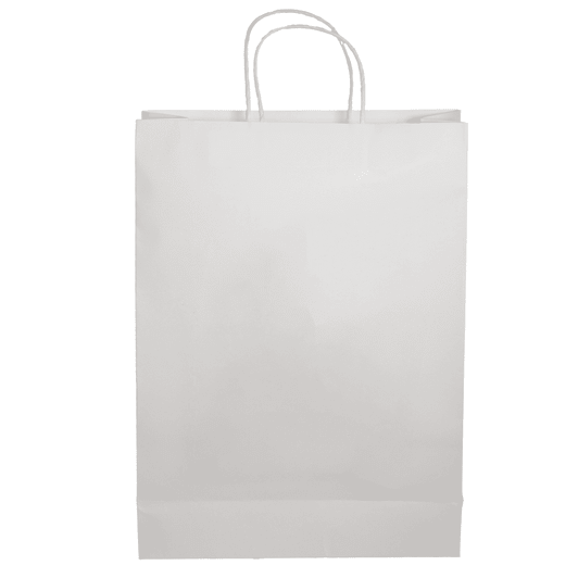 A white paper shopping bag with two handles and a smooth surface, featuring a branding logo.