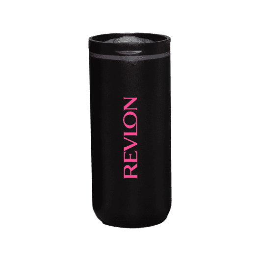 A drink bottle featuring a sleek black design with a pink logo. It has a vacuum-insulated structure.