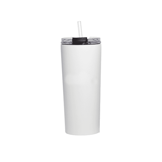 A drink bottle with a sleek white exterior and a black lid featuring a straw, showcasing a modern design.
