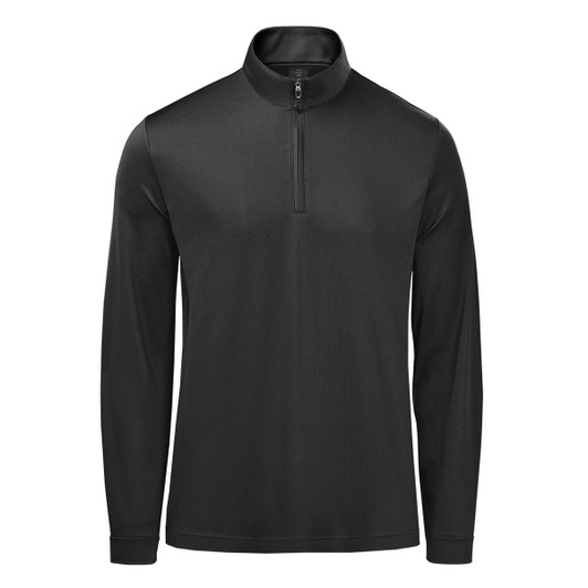 A black men's pullover featuring a 1/4 zip and long sleeves, with a simple design and branding.