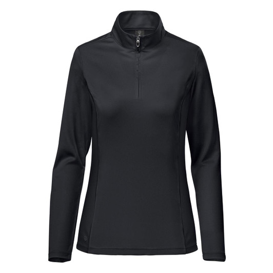 A women's black 1/4 zip pullover with long sleeves, featuring a logo on the side.