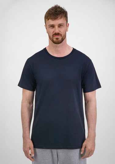 A navy short sleeve tee for men, featuring a round neckline and a simple, clean design. The shirt has a logo.