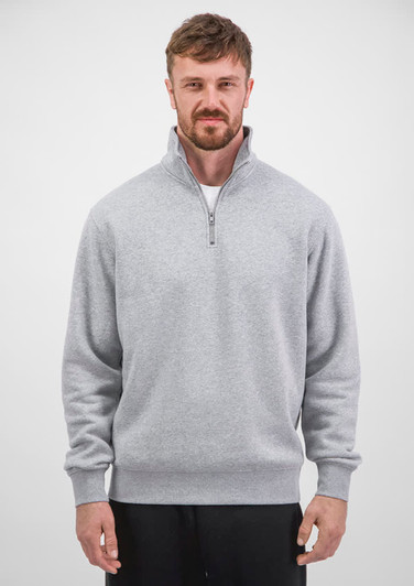 A grey men's 1/4 zip jumper featuring a high collar and long sleeves, designed for everyday wear.