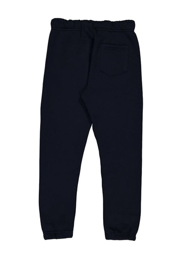 Navy track pants with an elasticated waist and a single back pocket, featuring a logo.