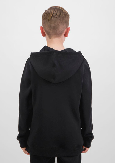 A black youth hoodie with a hood, featuring a simple design and no prominent logos or branding.