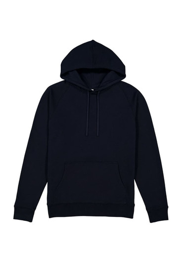A navy blue hoodie featuring a front pocket and a hood, with an added branding logo.