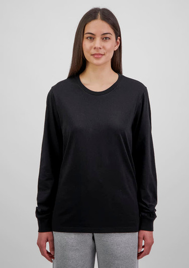 A long sleeve tee in black, featuring a simple design and a logo on the front.