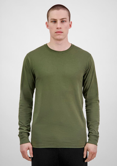 A long sleeve tee in olive green, featuring a fitted design and a round neck. It has a subtle logo.