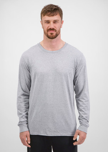 A grey long sleeve tee for men, featuring a round neckline and fitted silhouette, with a logo on it.