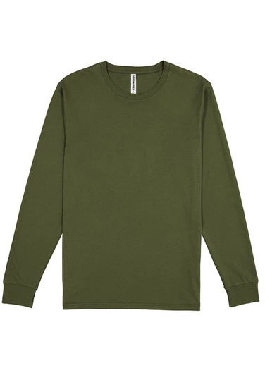 A long-sleeve tee in olive green, featuring a simple design and a brand label at the neck.
