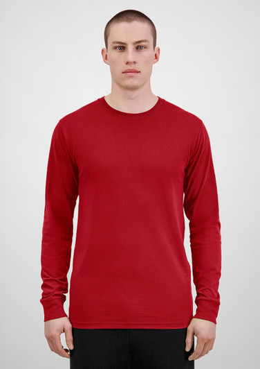 A red long sleeve men's tee featuring a simple design and fitted style. It has a branding logo.