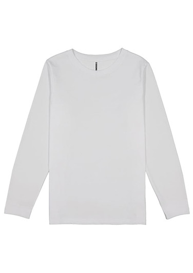 A long-sleeve white t-shirt featuring a simple design and a brand logo.