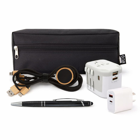 A black zippered pouch containing a pen, charging cables, a universal power adaptor, and a magnetic phone holder.