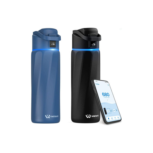 A drink bottle available in blue and black, featuring a logo and a digital display on top for smart features.