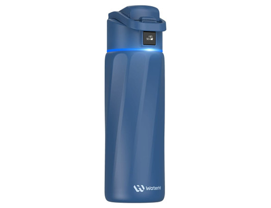A drink bottle in blue with a sleek design and a built-in digital display. It features a logo on the body.