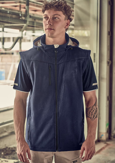 A navy unisex softshell jacket with a hood, featuring zip closure and short sleeves. It has a visible logo.