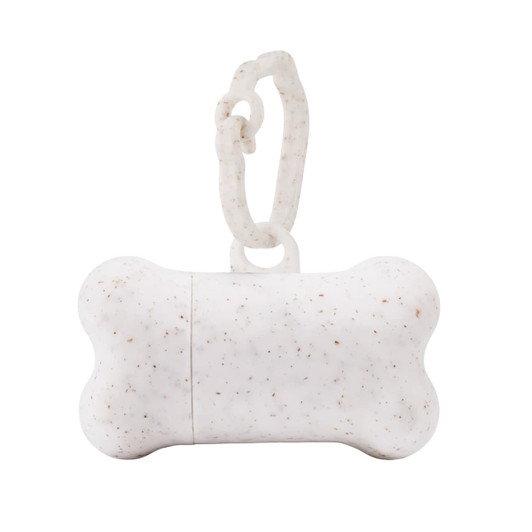 A white, speckled, bone-shaped container with a loop for attachment. Suitable for pet accessories.