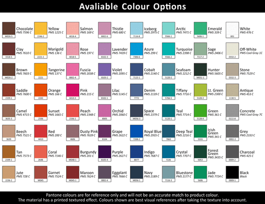 A colour swatch chart displaying various fabric options for the Acrobat INDENT Passport Wallet in multiple textures.